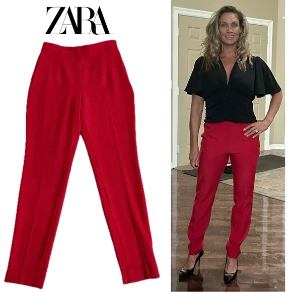 Zara Women's Red high waist high rise tapered slim fit ankle Pants Sz M - Picture 1 of 15